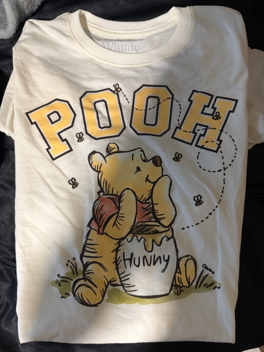 Disney White Womens Winnie the Pooh Graphic Tee with Yellow Lettering Brand New